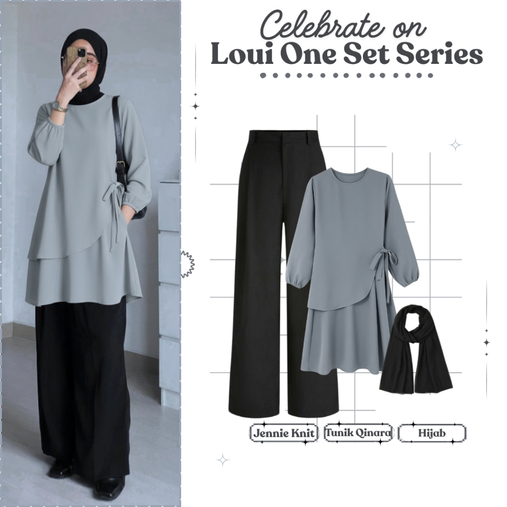 One Set Lebaran Wanita || Atasan Tunik Wanita + Celana Highwaist + Hijab Pasmhmina || Setelan Lebara