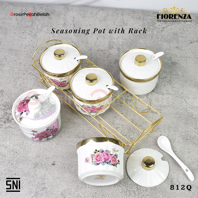 Fiorenza - Tempat Bumbu Keramik Set Rak Wadah Dapur Estetik Porselain Kithenware | Motif Marble Linn