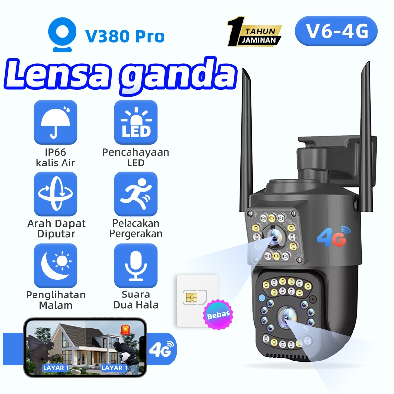 V380 V6-4G Lensa Ganda 5MP Wifi/Kartu Sim 4G Kamera CCTV Nirkabel 360 ° Kamera Keamanan Penglihatan 