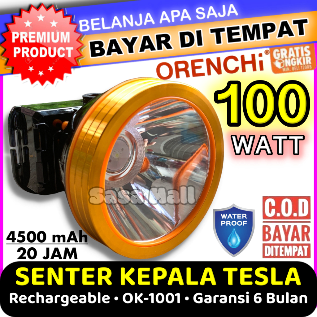 TesLa Senter Kepala 100 Watt OK-1001 Orenchi 100W LED Super Terang SOS Jarak 4500m Tahan 20 Jam Rech