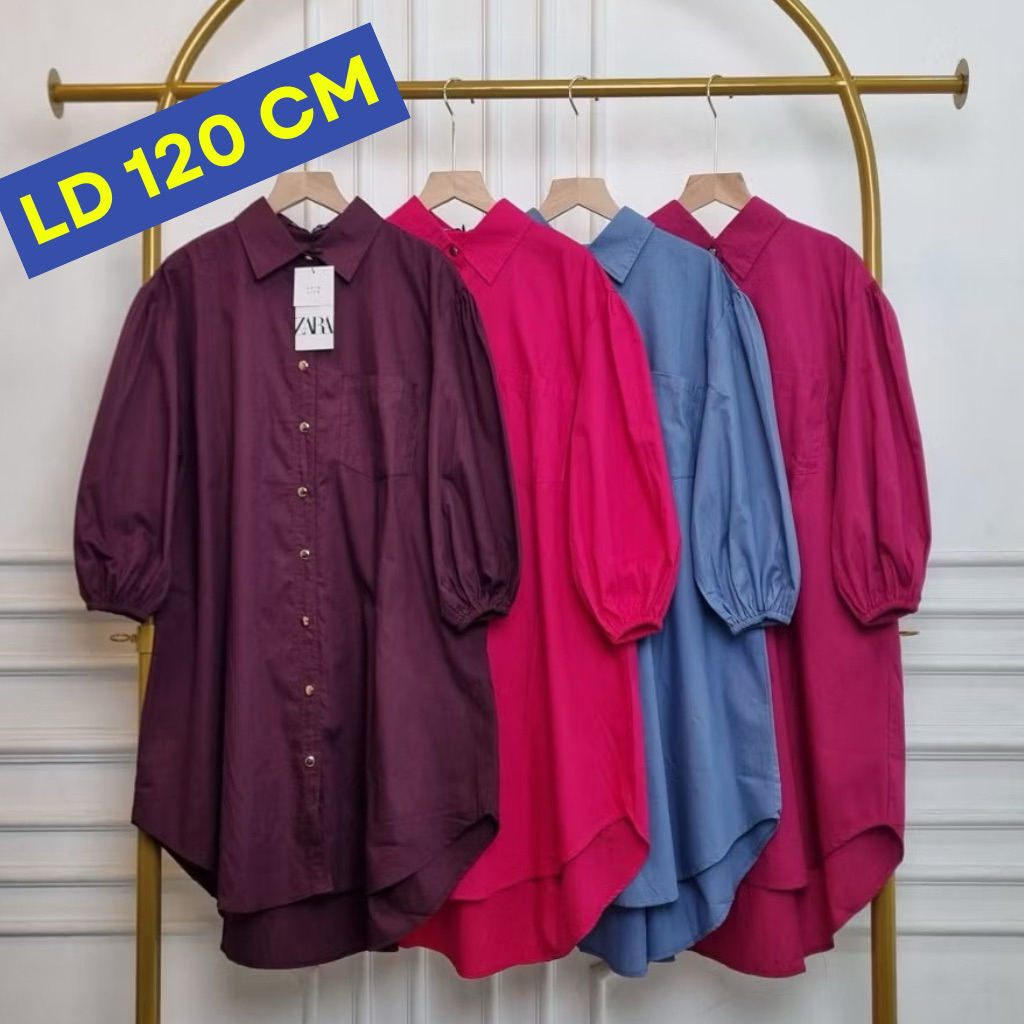 Tunik Polos Wanita Zara Poplin Oversize LD 120cm Long Tunic Lengan Karet Kerut Atasan Kerah Wanita