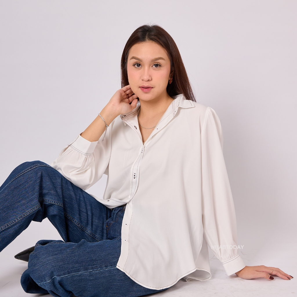 Carla Shirt HT by Fashiontoday - Kemeja Premium Wanita Lengan Puff Contrast Stitching  - Bisa Sampai