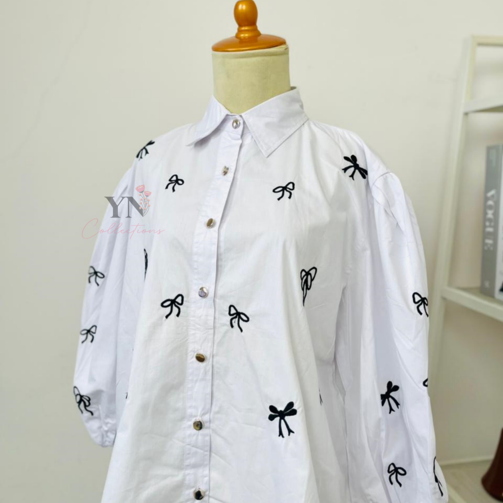 YN - Kemeja wanita putih bordir pita stylish 1176