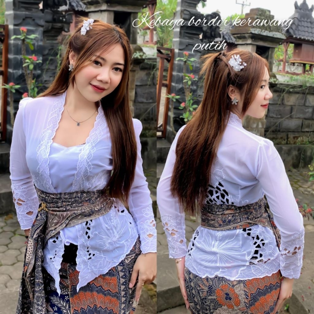 Kebaya Jadi warna putih bordir motif kembang sepatu spesial galungan