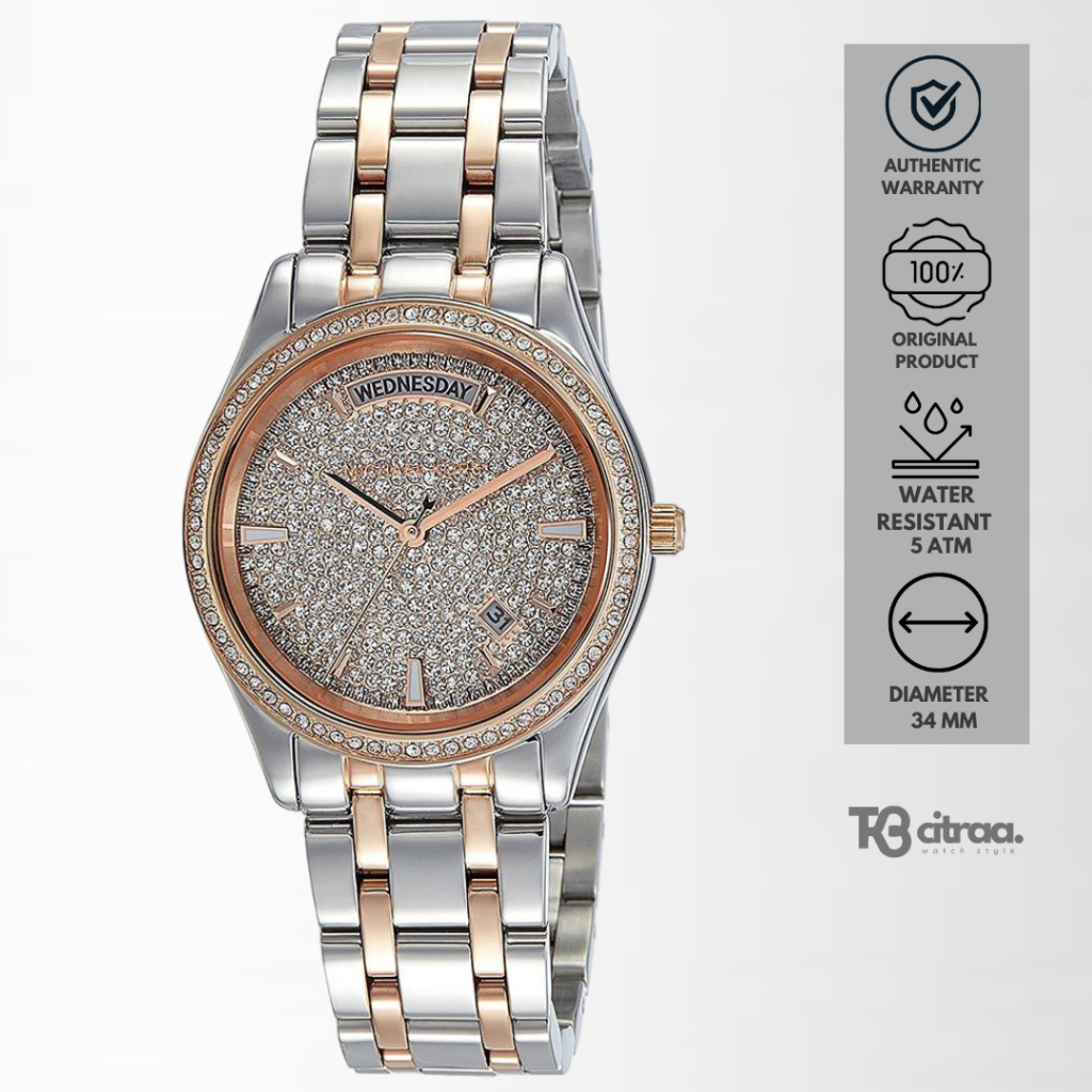 Jam Tangan Wanita Michael Kors Silver Rosegold Stainless Steel Mewah Elegant Luxury Watch Original M