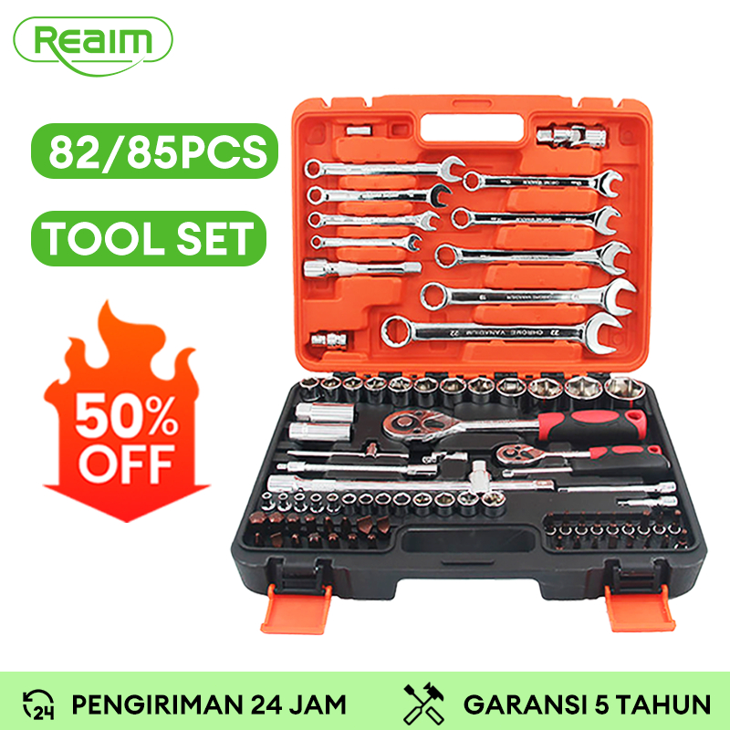 REAIM Kunci Set Lengkap 82 PCS Tool Kit Alat Kunci Pas Soket Set Alat Mobil Alat Kunci Pas Torsi Set