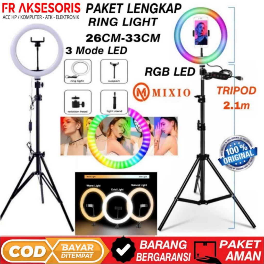 PAKET Ring Light 33cm / 26cm Dan Tripod 2.1M Paket Ring light RGB 26CM / 33CM