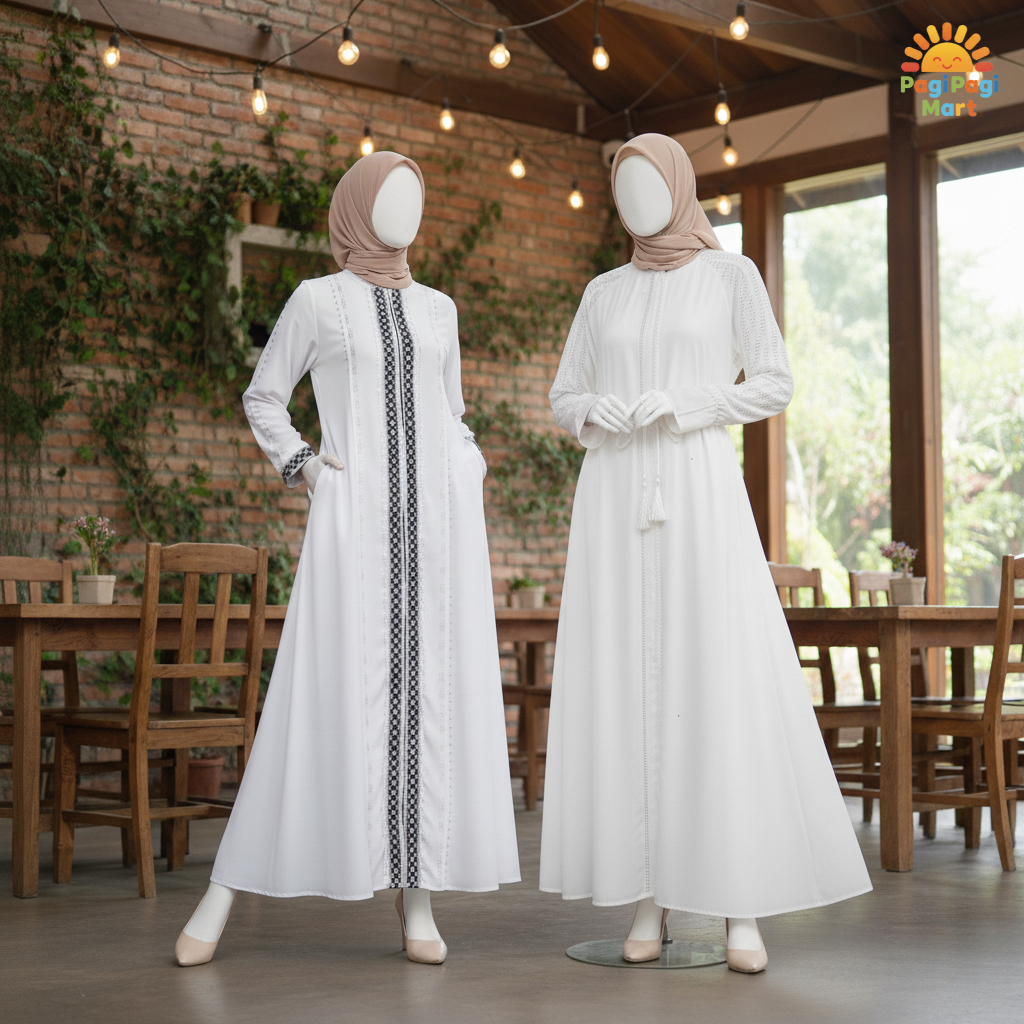 Abaya Syari Putih Turki Premium Jumbo Gamis Muslimah Elegan Busui Friendly Umroh Pengajian