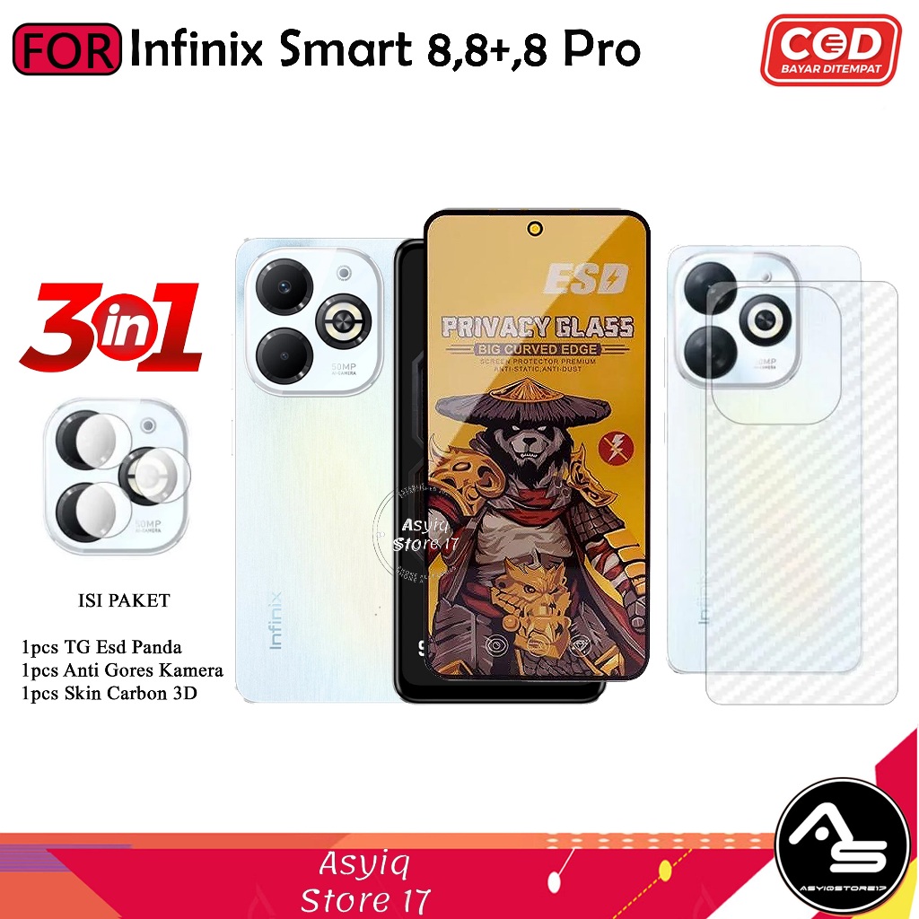 3in1 Tempered Glass Esd Premium Spy Infinix 9 8 8+ 8 Pro Anti Gores Privacy Anti Debu