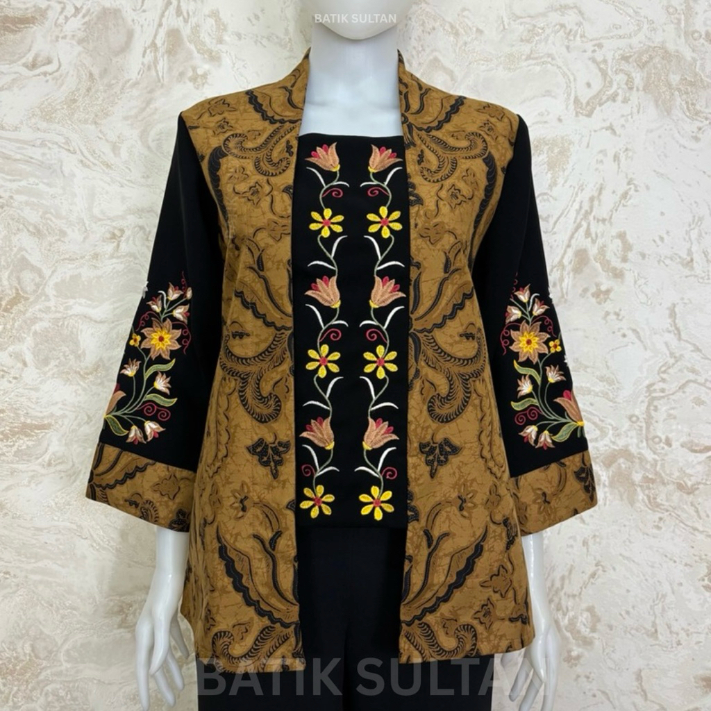 Atasan Blouse Wanita Batik Bordir Kain Katun Sogan Kombinasi Mewah Elegan Premium Lapisan Tricot Waf