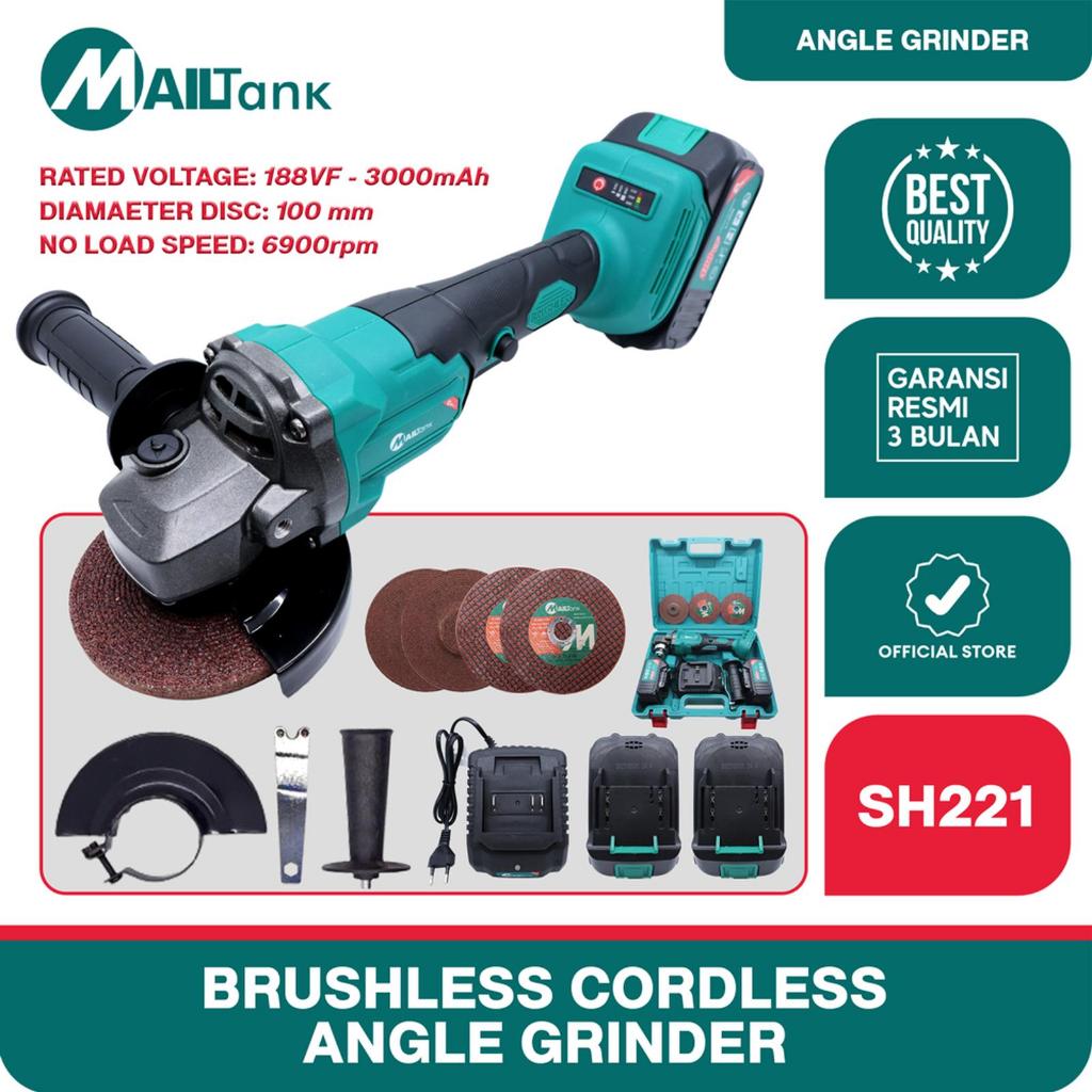 MAILTANK SH221 Gerinda Baterai Brushles Cordless Angle Grinder Mesin Gerinda Paket 2 Baterai Set
