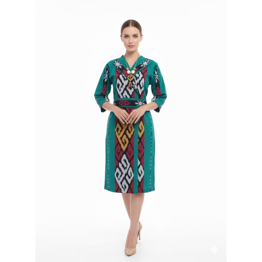 DRESS TENUN WANITA MOTIF TORAJA PREMIUM WARNA HIJAU TOSCA