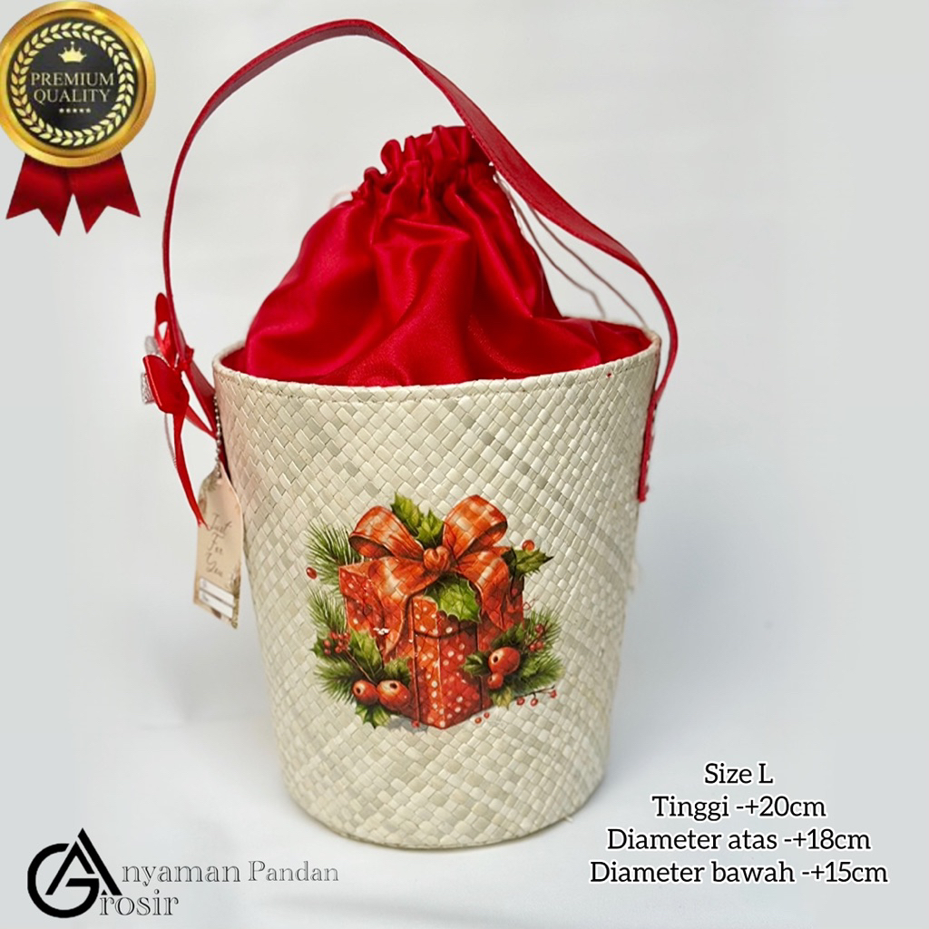 Tas Hampers EMBER PUTIH KAIN MERAH GG SATU DECOUPAGE GRATIS HANGTAG DAN PITA tas anyaman goodiebag p