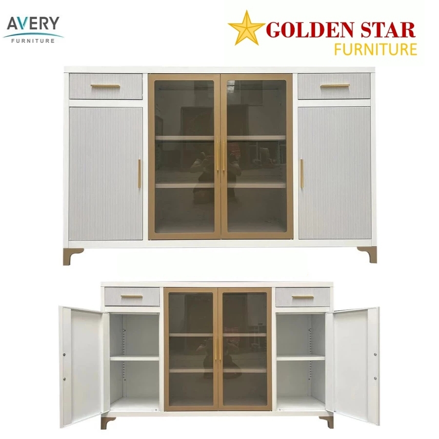 Buffet Pendek Besi Avery HST 4 Pintu Marble / Sideboard Meja TV Metal Kabinet Credenza