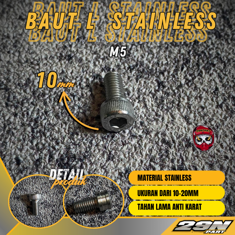 Baut L M5 Stainless 304 THE A2-70 Diameter 5mm Panjang 10 mm Kunci L4