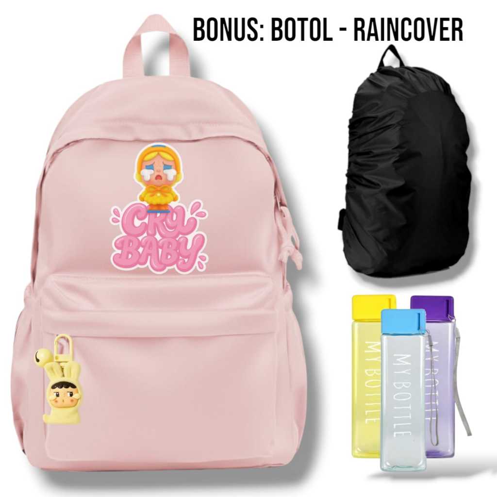tas sekolah remaja - tas kampus kekinian - tas ransel korea style - tas canvas wanita  bonus raincov
