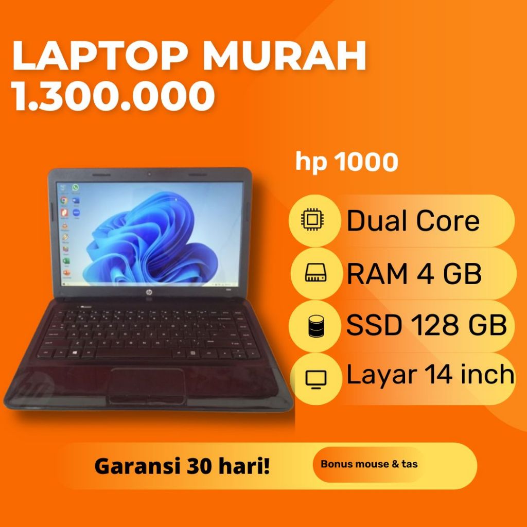 HP 1000-1b09AU Hitam AMD A4-3330MX RAM 2GB SSD 128GB ATI AMD Radeon Laptop Second Bekas Murah