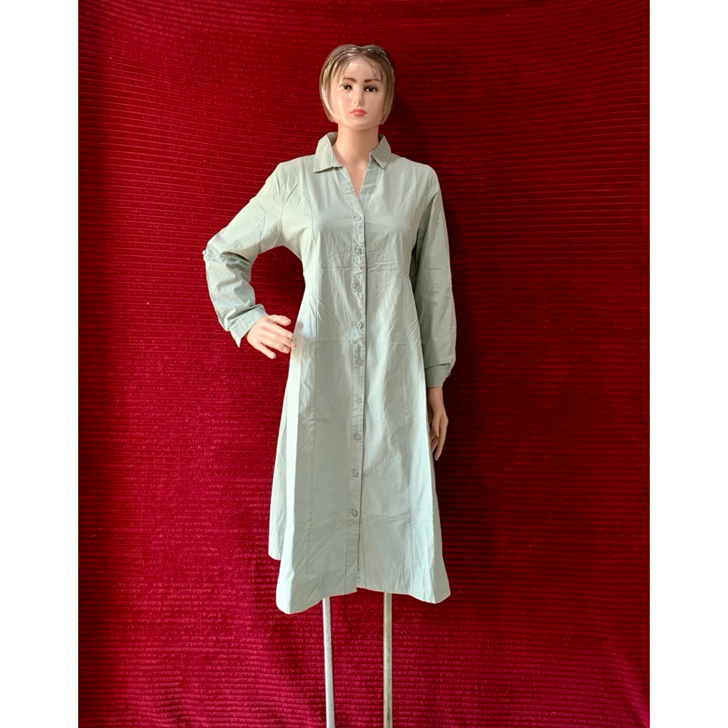 DRESS WANITA TANGAN BALON KANCING DEPAN TALI PINGGANG