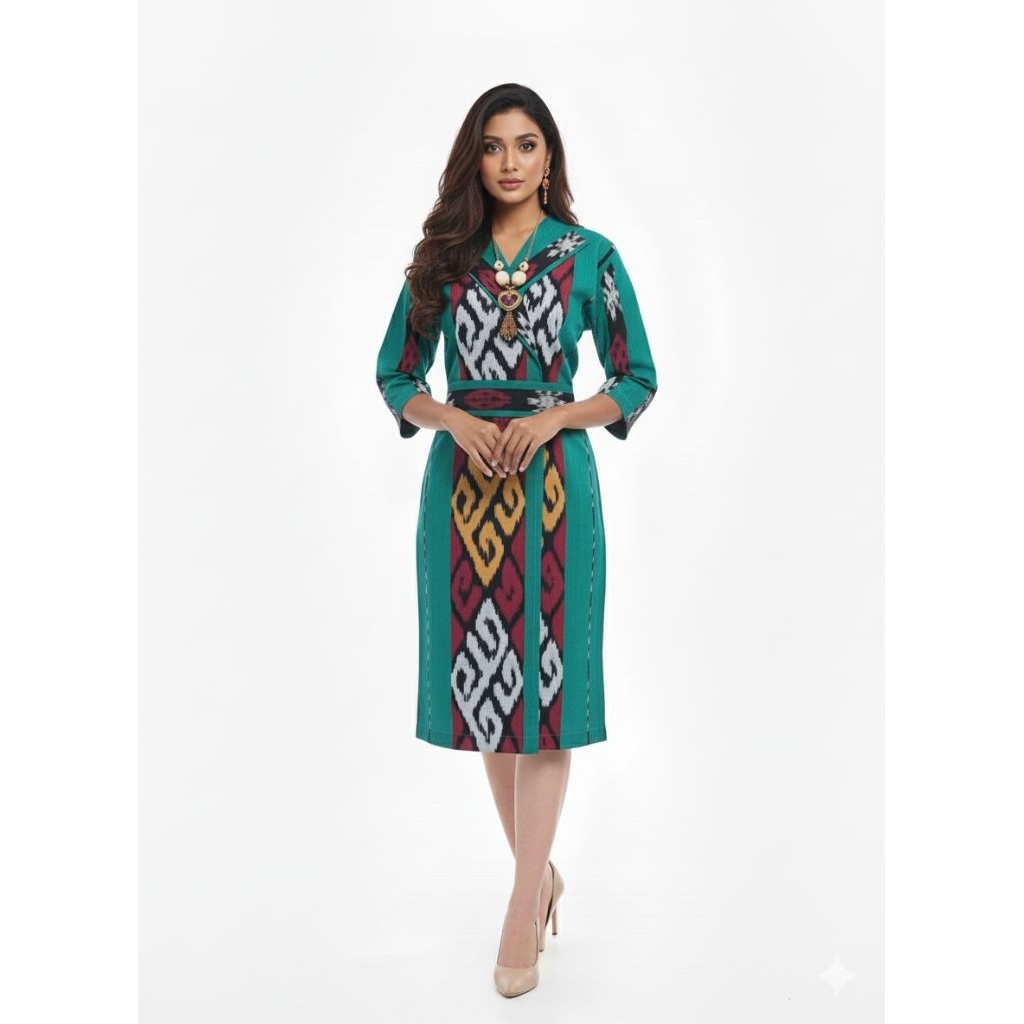 DRESS TENUN JEPARA MOTIF TORAJA NTT WARNA HIJAU TOSCA PREMIUM