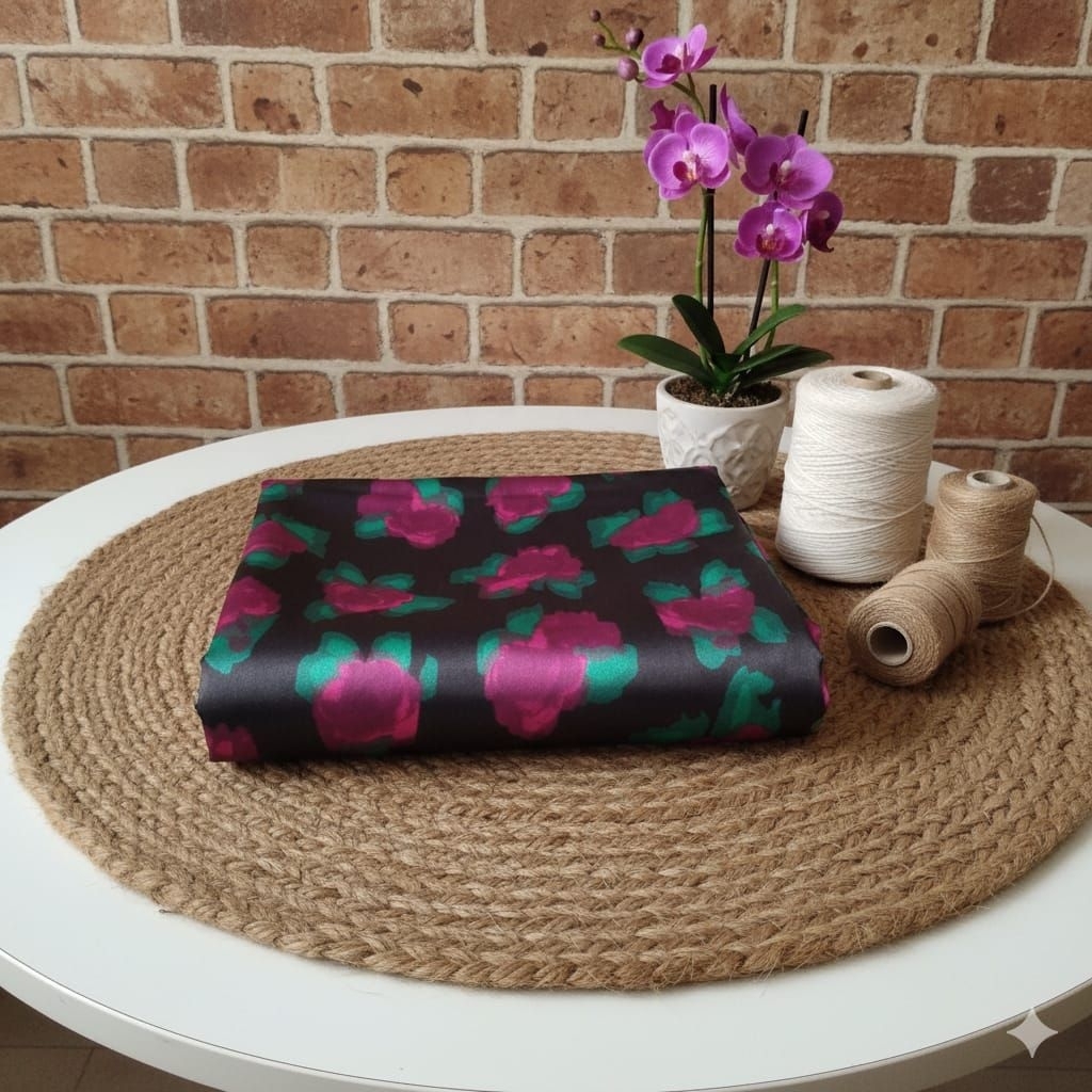 Kain Satin Silk Premium Motif Bunga Fuchsia | Bahan Baju Gamis Tunik Dress | Kain Halus Adem Mewah L