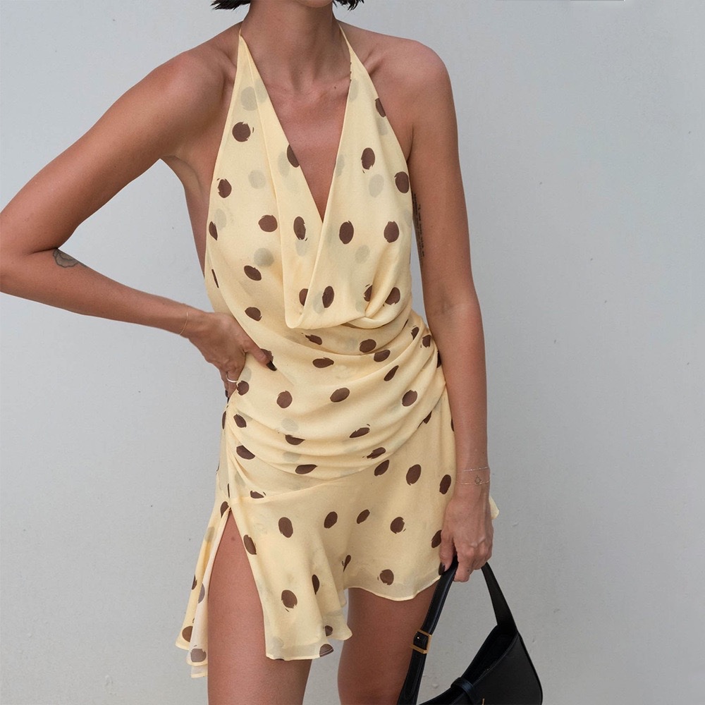 Tango Dress polkadots baju pakaian mini terusan halter v-neck drapes vintage chifon 90s backless bal