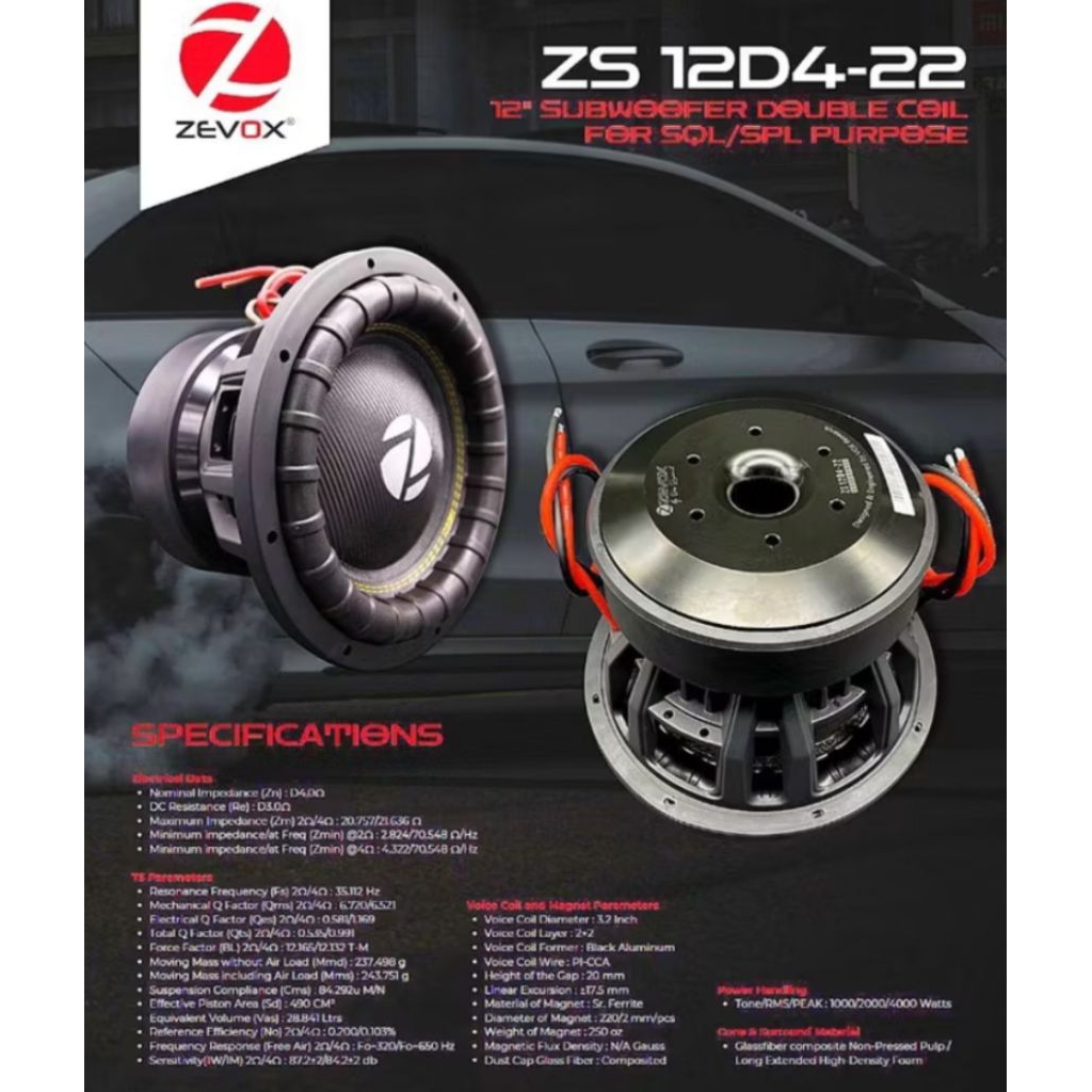subwoofer 12 inch zevox zs 12D4 22 SPL SQL by vox research