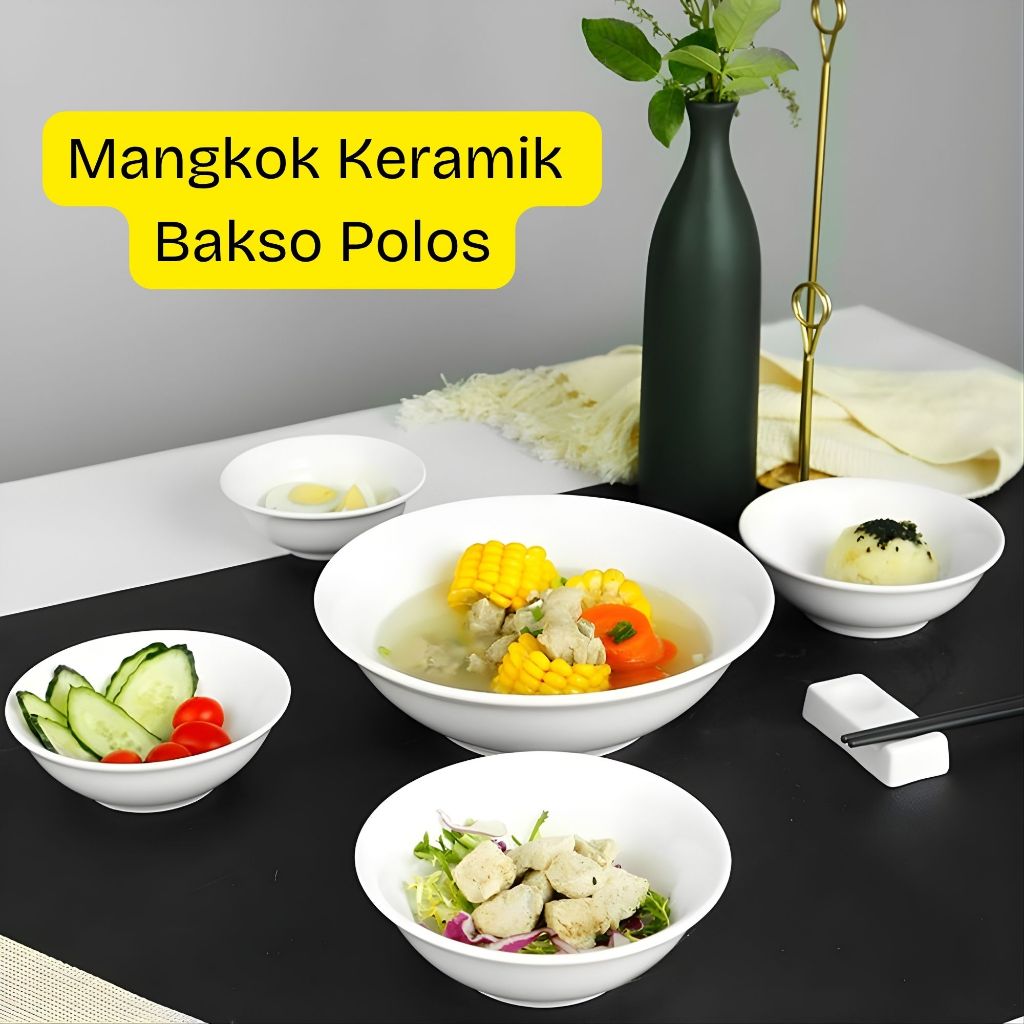 HHS Mangkok Bakso Keramik Polos / Mangkuk Keramik Putih Bakso / Mangkok Keramik Putih Tebal — Untuk 