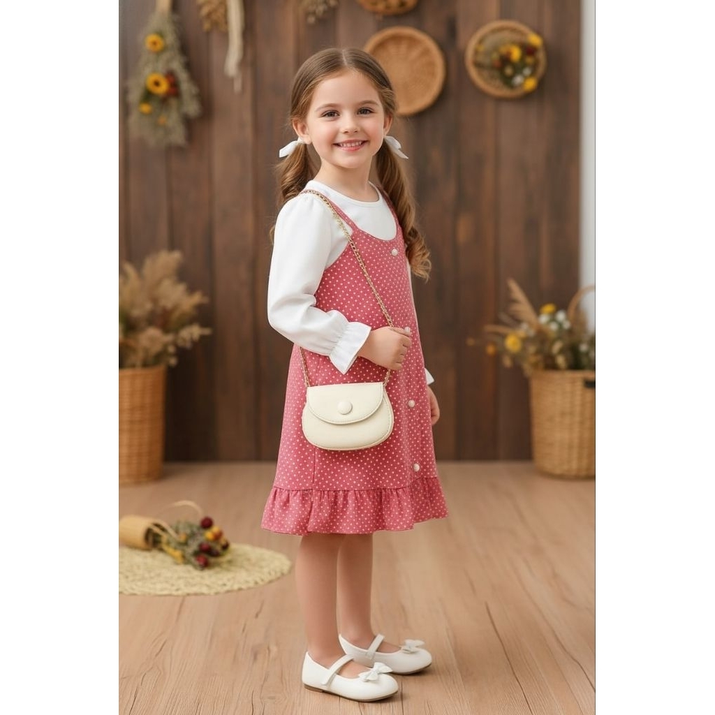 Dress Anak Perempuan Polkadot Set Lengan Panjang Lucu & Cantik  Bahan Katun Premium Usia 1–6 Tahun