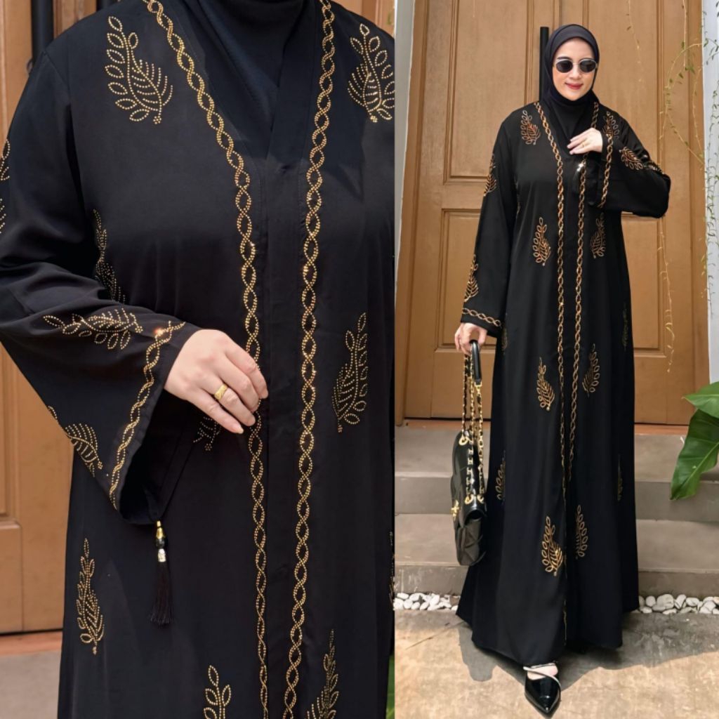 Gamis Remaja Abaya Turkey Jetblack Hitam Motif Daun Emas