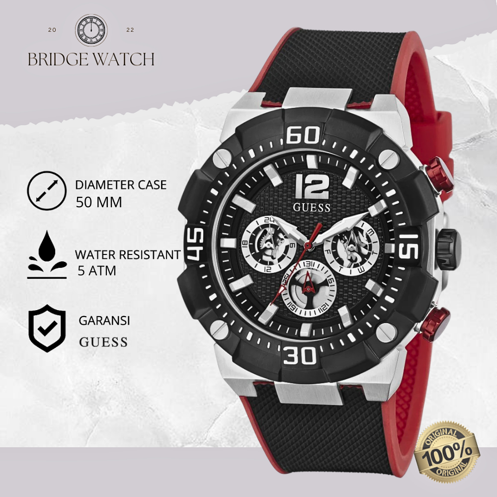 Jam Tangan Pria Guess GW0264G1 Chronograph Black Red Leather Strap Kulit Mewah Casual Original