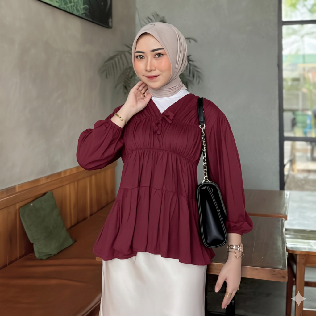 Mireya Kerut Dada Blouse Kerut Dada Lengan Panjang Bahan Rayon Atasan Wanita Dada Lengan Panjang Bah