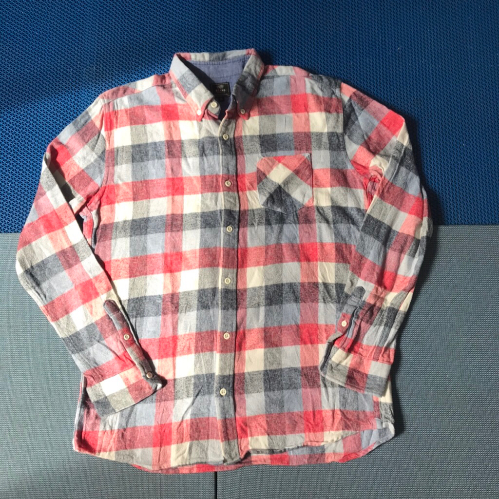 Beams Heart Flannel Long Sleeves Shirt  Size M  Tartan window pane  check shirt marble red blue and 