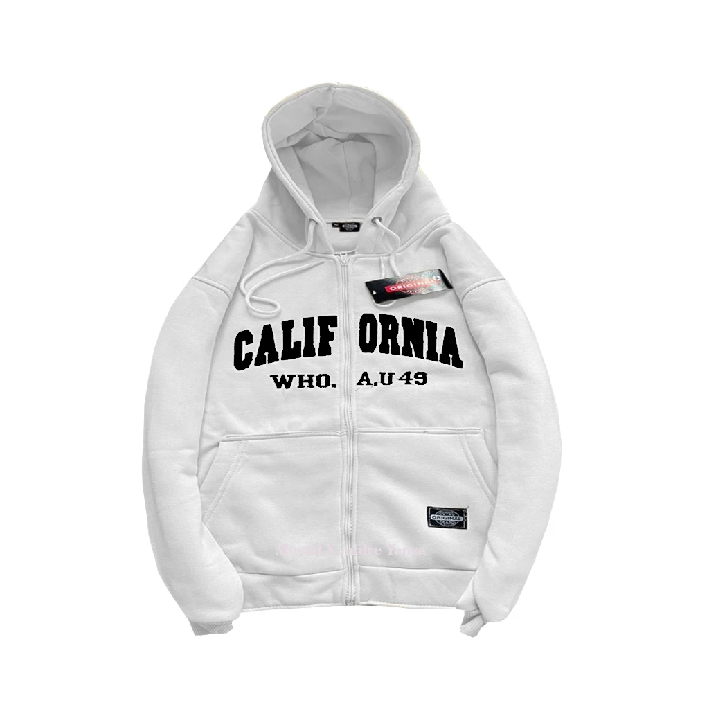 Jaket WHO AU California Zipper Putih Bordir Unisex / Jaket Hoodie WHO AU Katun Premium