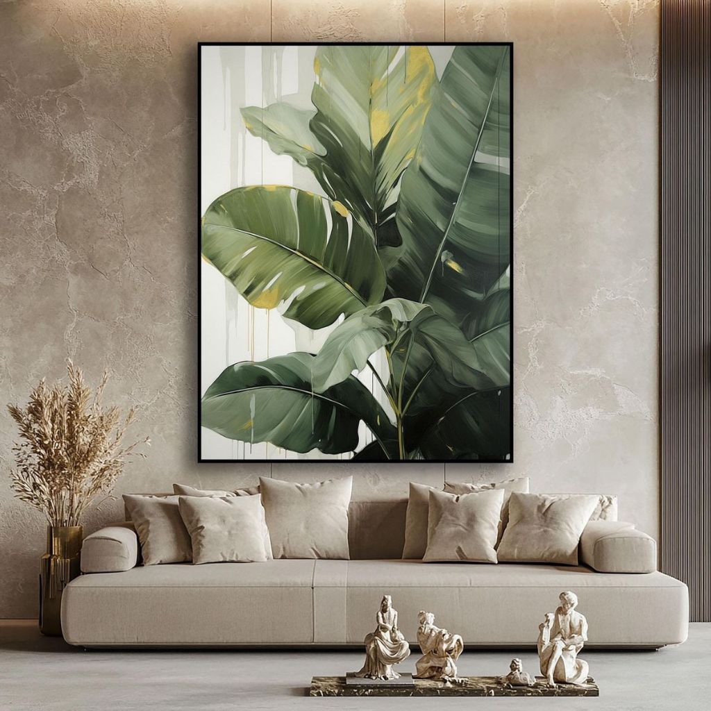 Lukisan Dinding Daun Tropis Besar Modern – Hiasan Ruang Tamu Minimalis Elegan Premium Canvas