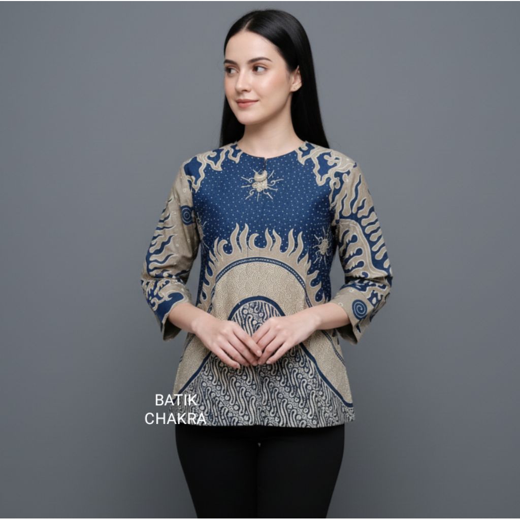 Blus batik wanita modern ABU NAVY bahan katun lapis full trikot
