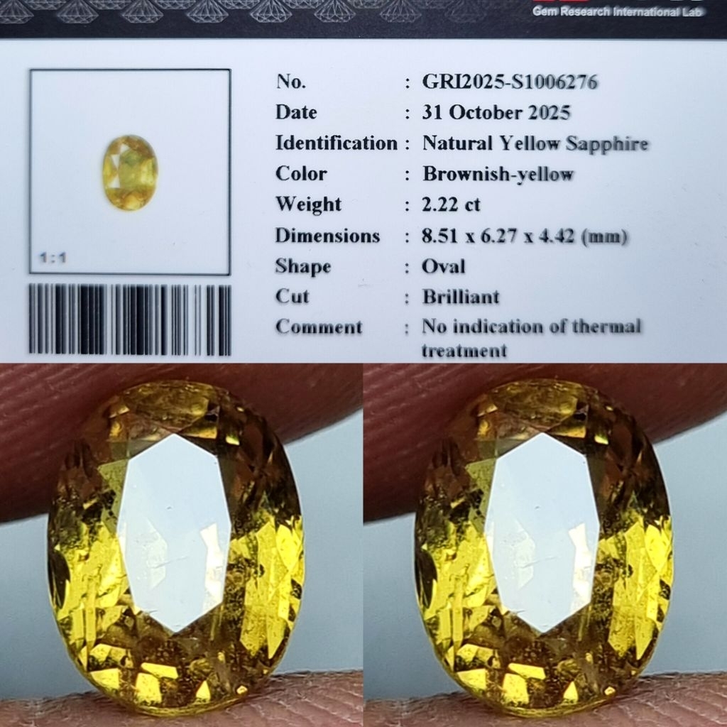 High Quality Natural Yellow Sapphire 2.22 Crt No Heated Id.card GRI.lab