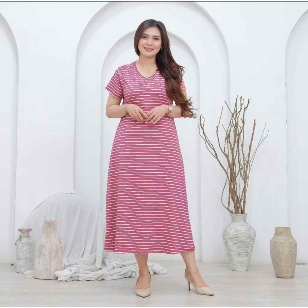 Midi Salur Wanita / Long Dress Wanita / Gaun Salur Knit Warna Pink Salem