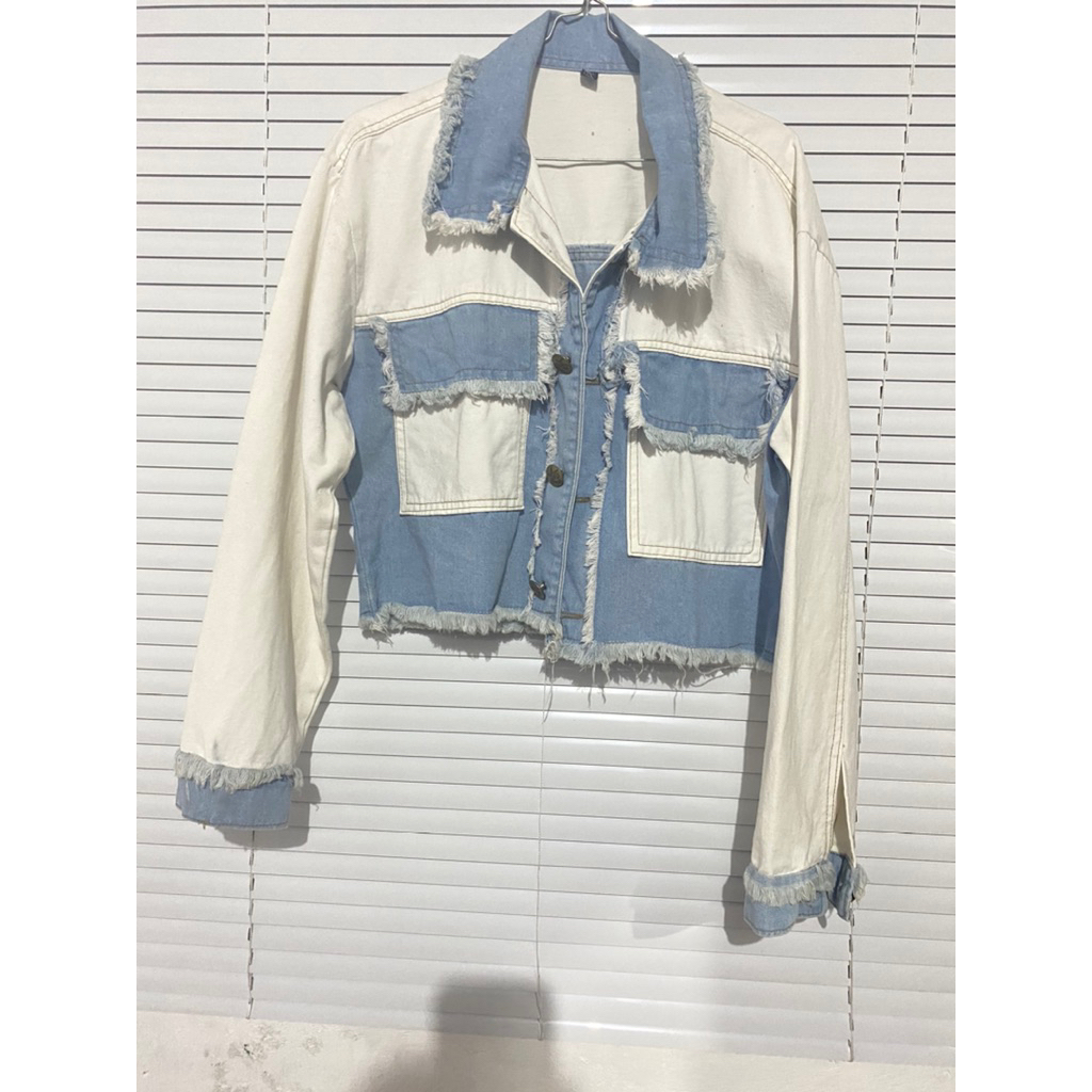 jaket crop jeans denim biru putih pl