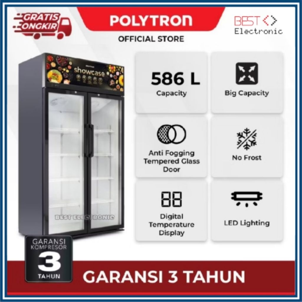SHOWCASE 2 PINTU POLYTRON SCN 610 8 RAK DISPLAY COOLER KULKAS LOW WATT 586 LITER