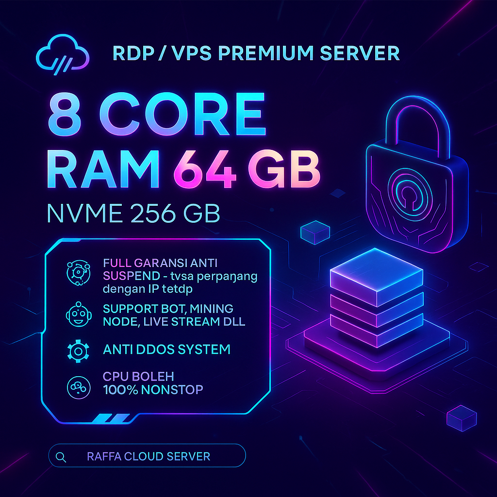 RDP / VPS RAM 64GB 8 CORE / 8 VCPU RAM 64 GB Bulanan Mingguan Harian Murah Windows / LINUX Full Admi