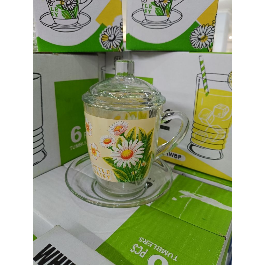Cangkir gelas kopi set lepek dan tutup kaca white daisy
