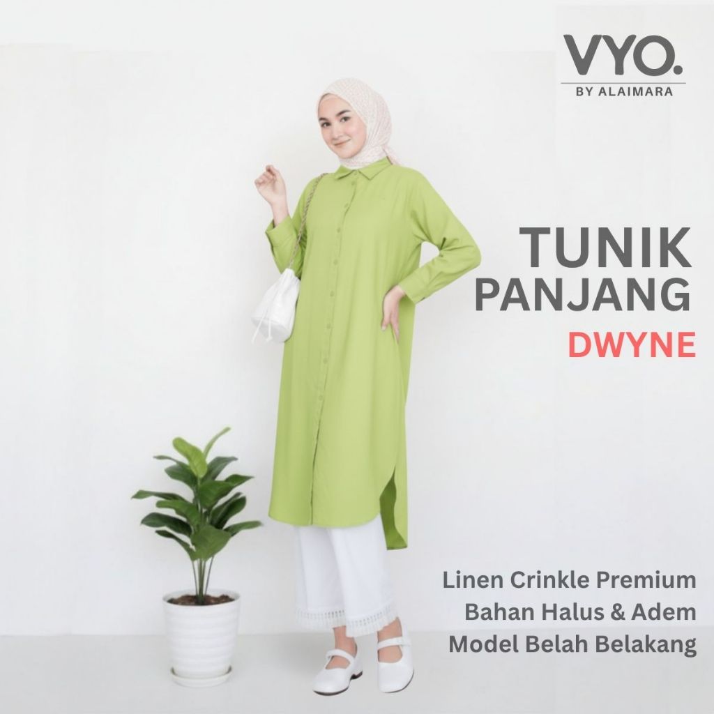 Vyo DWYNE Tunik Panjang Wanita Muslim Atasan Kemeja Polos Belah Belakang