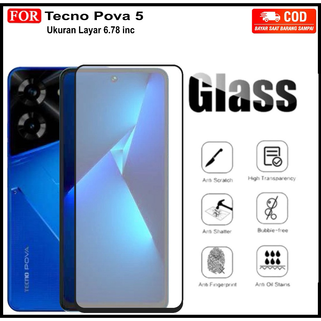 FULL SCREEN TEMPERED GLASS For TECNO POVA 5 Pelindung Layar Anti Gores Full Layar