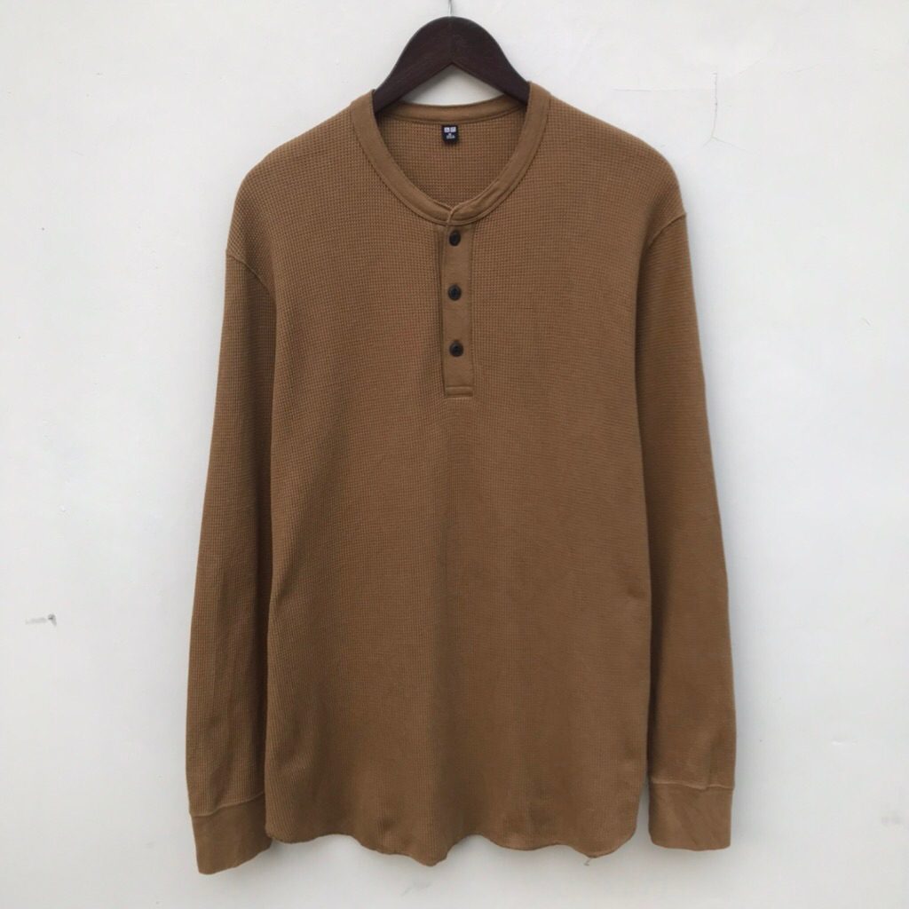 Kaos by Uniqlo Henley Waffle Long Sleeve Shirt Brown sz XL