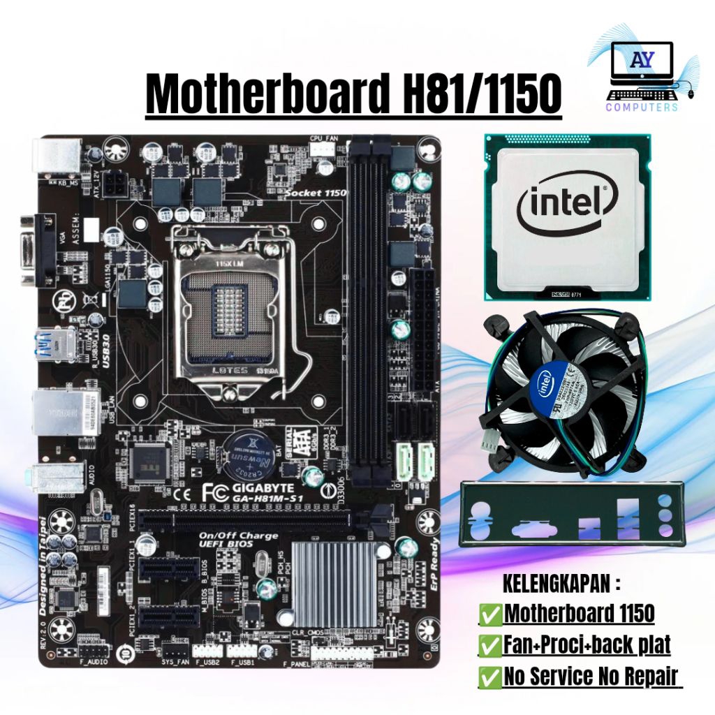 Paket Motherboard H81 Socket 1150 + Prosesor + Kipas Fan + Backplate Termurah