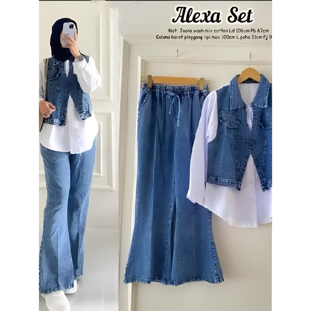 Set ALEXA Kemeja Celana Cutbray Wanita Jeans Washed Premium Import Teerlaris