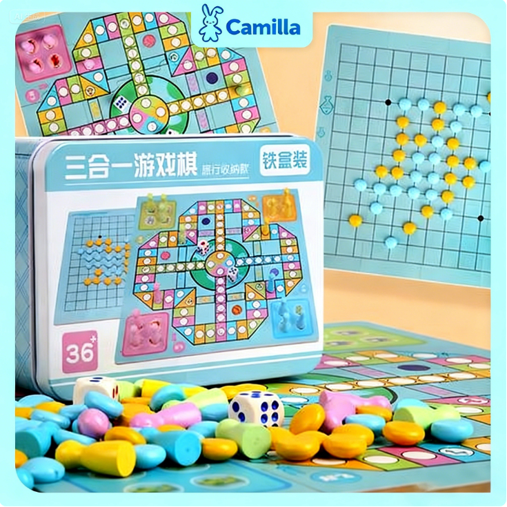 Camilla 2 in 1 flying chess gobang, papan catur multifungsi untuk desktop anak, mainan edukasi kayu