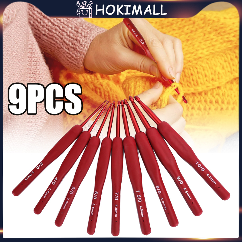 9pcs/set Hakpen Red Non Tulip / Jarum Rajut Hakpen Handle Karet Crochet Set Red / Jarum Rajut Hakpen