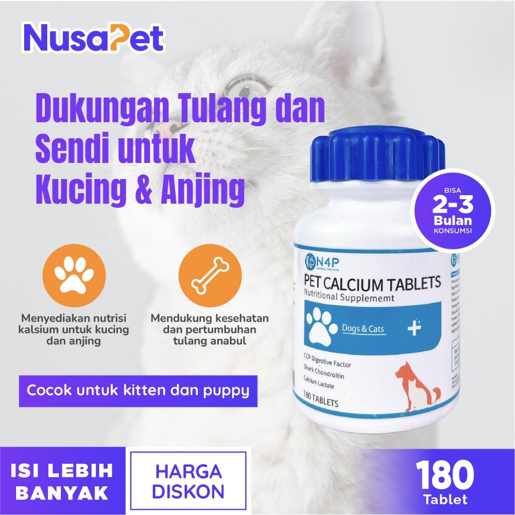 Kalsium Kucing – Nutrisi Pertumbuhan Tulang Anjing - Bisa untuk Puppy & Kitten –  Isi Banyak 180 Tab