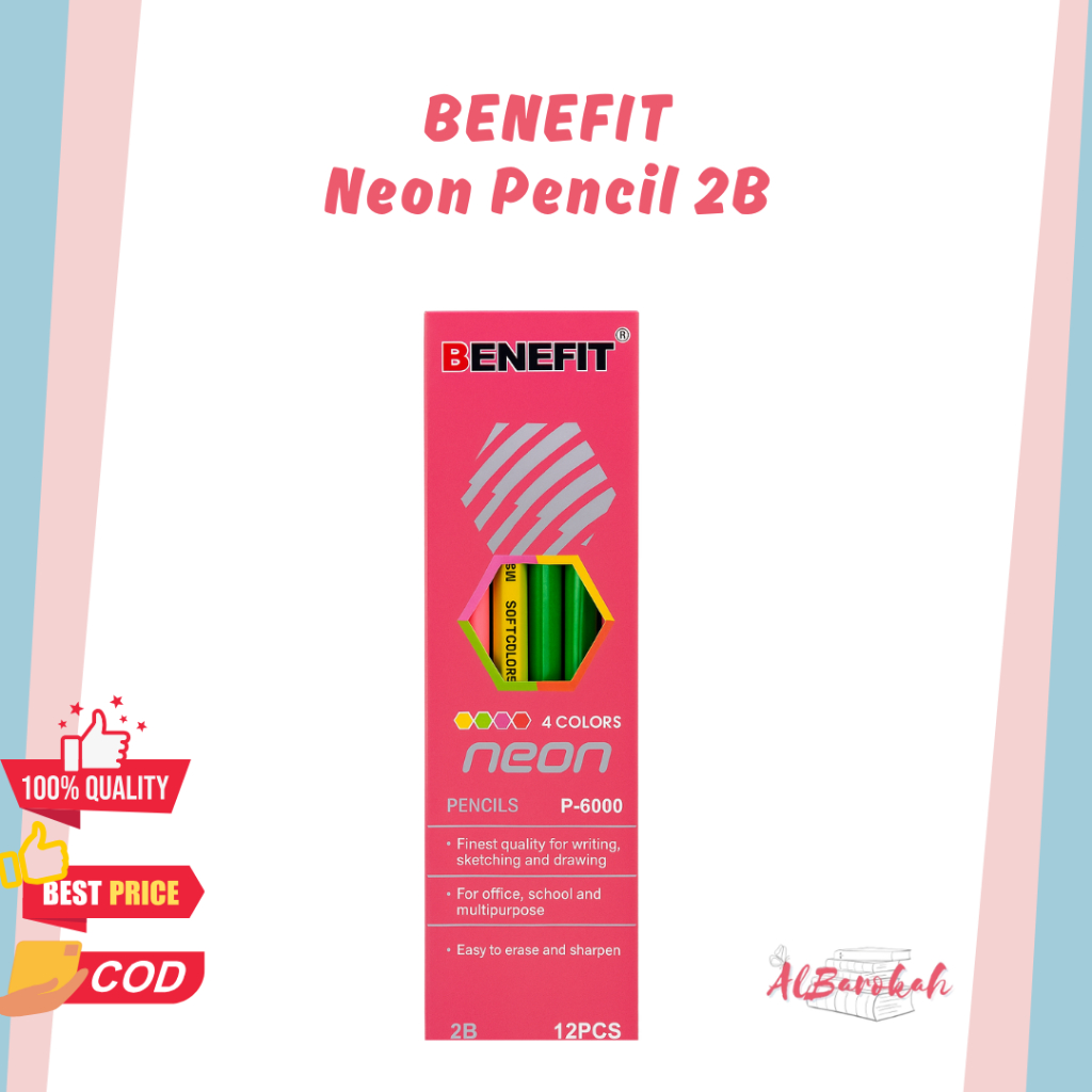 Pensil 2B Benefit Neon P-6000 (Isi 12) | Pensil Ujian / Sketsa / Sekolah 4 Warna Neon